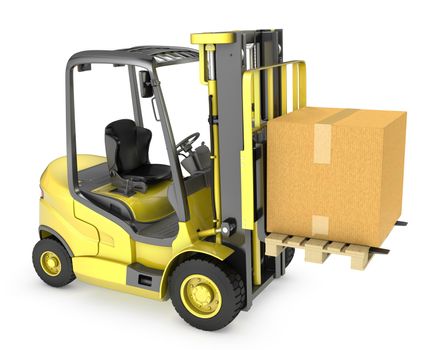 Yellow fork lift truck with large carton box, isolated on white background