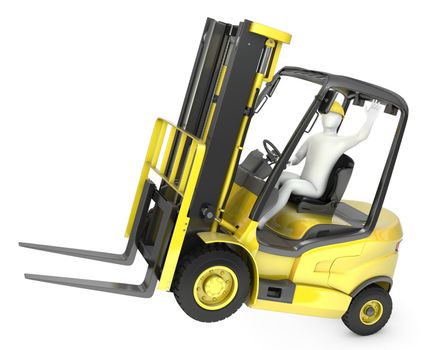 Abstract white man in a fork lift truck, balancing on rear wheels, isolated on white background