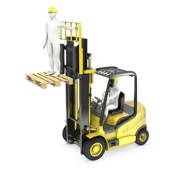 Abstract white man in a fork lift truck, lifting other worker on a fork, isolated on white background