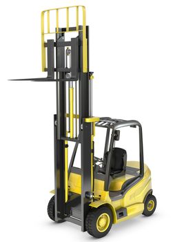 Yellow fork lift truck with raised fork, isolated on white background