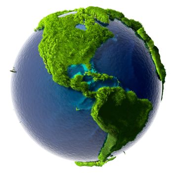 Earth with a pure transparent ocean is completely covered with lush green grass - a symbol of a clean environment, rich in natural resources and good environmental conditions