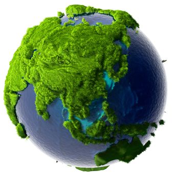 Earth with a pure transparent ocean is completely covered with lush green grass - a symbol of a clean environment, rich in natural resources and good environmental conditions