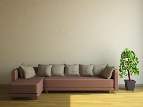 The sofa and the plant near a wall