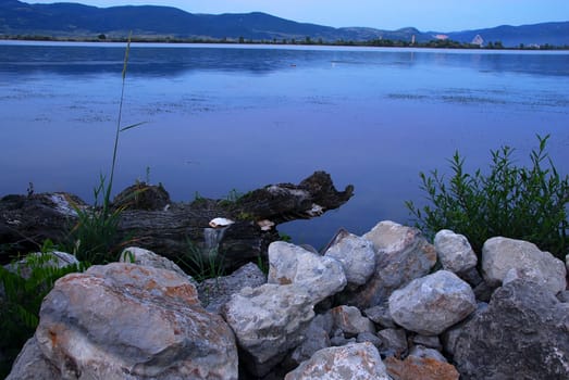 blue evening scenic riverbank of Danube river in Serbia
