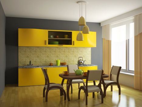 Kitchen with orange furniture and a window