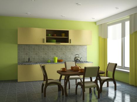 The kitchen with furniture and a window