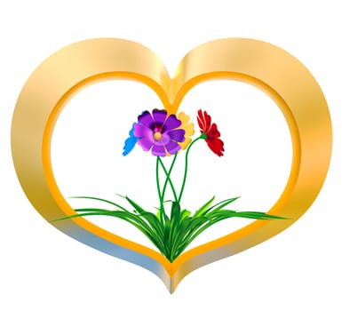 golden heart in leaves with flowers as a symbol of love