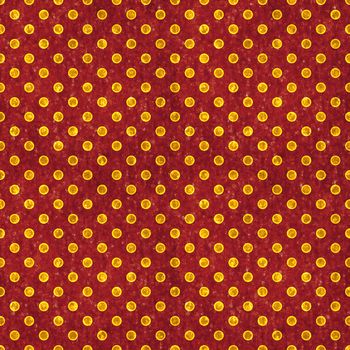Glowing gold polka dots on deep red textured background. Seamless