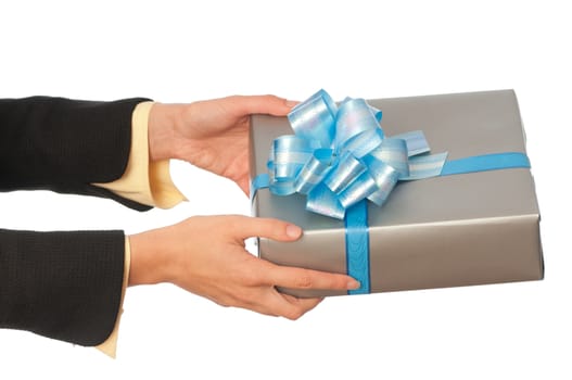 woman giving a silver box with blue bow as a gift
