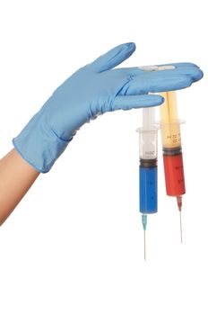 Woman holds in the hand syringe with a new antibiotic for making injection
