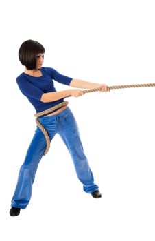 The strong-willed woman plays of pulling of a rope and wins