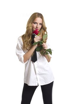 Girl with rose on Valentine's day, on white background