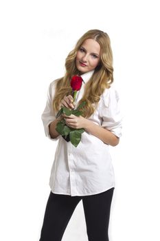 Girl with rose on Valentine's day, on white background