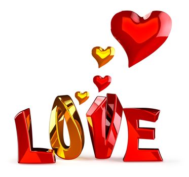 metalic 3D word LOVE with hearts on a white background