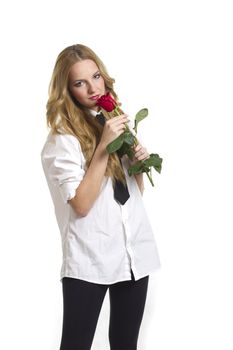 Girl with rose on Valentine's day, on white background