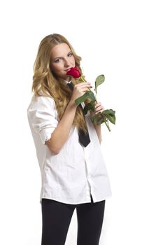 Girl with rose on Valentine's day, on white background