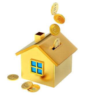 falling down euro coins into a piggy bank in the form of a gilded house as a symbol of the accumulation
