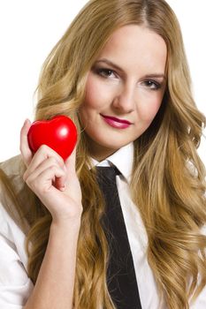 Young woman holding red heart in valentine's day, on white background