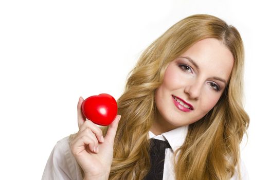 Young woman holding red heart in valentine's day, on white background