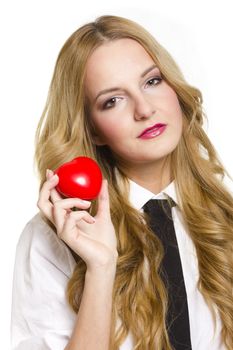 Young woman holding red heart in valentine's day, on white background