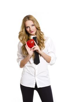 Young woman holding red heart in valentine's day, on white background