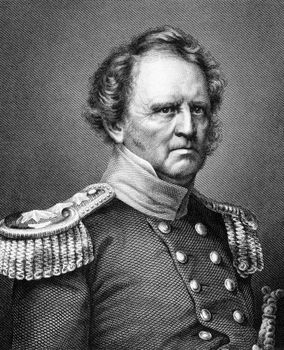 Winfield Scott (1786-1866) on engraving from 1859.  United States Army general. Engraved by Nordheim and published in Meyers Konversations-Lexikon, Germany,1859.