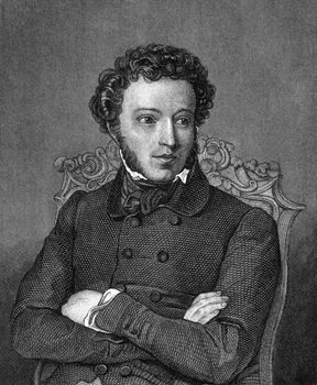 Alexander Pushkin (1799-1837) on engraving from 1859. One of the greatest Russian poets. Engraved by unknown artist and published in Meyers Konversations-Lexikon, Germany,1859.