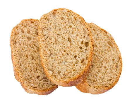 close-up three slices of bread, isolated on white