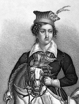 Antonina Tomaszewska (1814-1883) on engraving from 1859. Member of the November Uprising in Samogitia. Engraved by unknown artist and published in Meyers Konversations-Lexikon, Germany,1859.