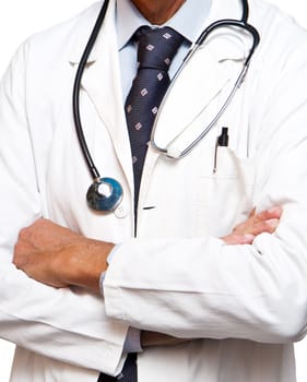 doctor with hands folded on white