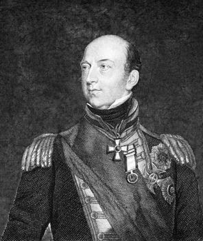 Edward Codrington (1770-1851) on engraving from 1859. British admiral, hero of the Battles of Navarino and Trafalgar. Engraved by unknown artist and published in Meyers Konversations-Lexikon, Germany,1859.