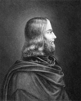 Friedrich von Sallet (1812-1843) on engraving from 1859. German writer, Engraved by unknown artist and published in Meyers Konversations-Lexikon, Germany,1859.