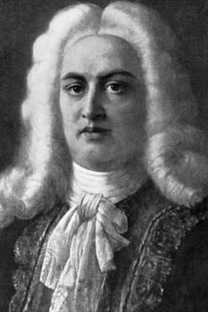 George Frideric Handel (1685-1759) on engraving from 1908. German-British Baroque composer, famous for his operas, oratorios, anthems and organ concertos. Engraved by unknown artist and published in "The world's best music, famous songs. Volume 7", by The University Society, New York,1908.