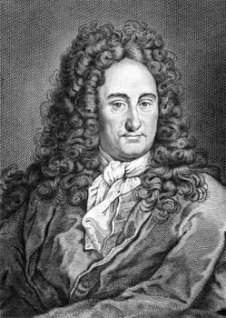 Gottfried Leibniz (1646-1716) on engraving from 1859. German mathematician and philosopher. Engraved by unknown artist and published in Meyers Konversations-Lexikon, Germany,1859.