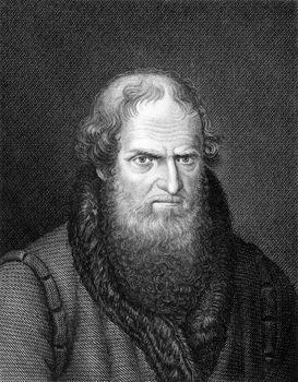 Hans Sachs (1494-1596) on engraving from 1859. German mastersinger, poet, playwright and shoemaker. Engraved by unknown artist and published in Meyers Konversations-Lexikon, Germany,1859.