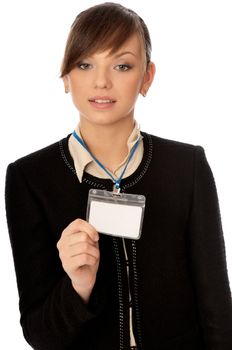 woman showing her badge at the entrance of meeting room