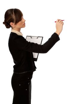 The manager with white blank paper in the hands making a presentation