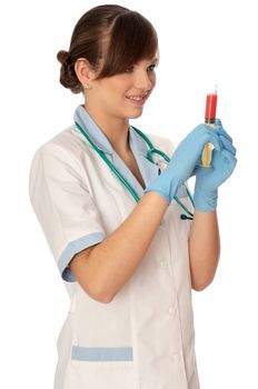 Woman holds in the hand syringe with a new antibiotic mixed with blood