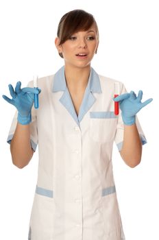 Doctor in blue gloves will be carry out research a samples of bloods at inhabitants of coast on availability of poisoning