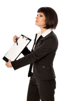 The manager with white blank paper in the hands making a presentation