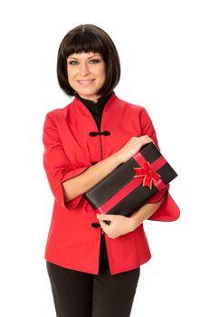 woman giving a black box with red bow as a gift