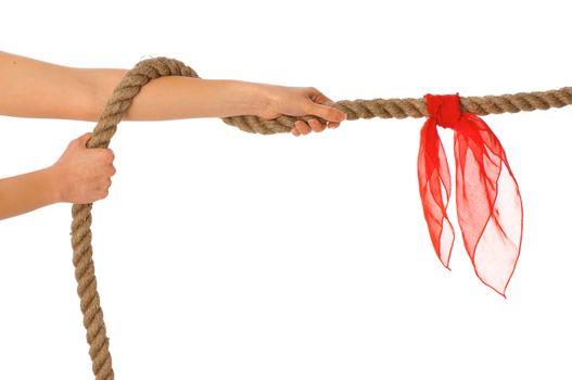 The strong-willed woman plays of pulling of a rope and wins
