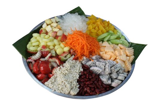 Salads, vegetables, fruit in a dish large pad with banana leaves. included clipping path.
