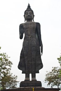 Black Buddha. In standing behind a sky.