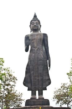 Black Buddha. In standing behind a sky.