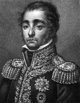 Horace Francois Bastien Sebastiani de La Porta (1771-1851) on engraving from 1859. French soldier, diplomat, and politician. Engraved by Falke and published in Meyers Konversations-Lexikon, Germany,1859.