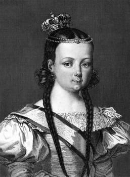 Isabella II of Spain (1830-1904) on engraving from 1859.  The only Queen regnant of Spain in modern times. Engraved by unknown artist and published in Meyers Konversations-Lexikon, Germany,1859.