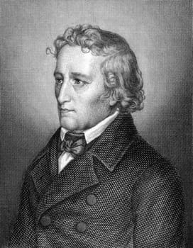 Jacob Grimm (1785-1863) on engraving from 1859. German philologist, jurist and mythologist. Engraved by unknown artist and published in Meyers Konversations-Lexikon, Germany,1859.
