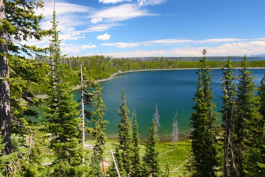 Beautiful blue waters Duck Lake in Yellowstone National Park of Wyoming, USA.