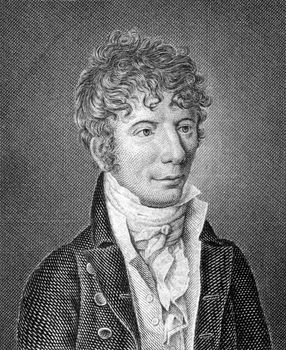 Jens Immanuel Baggesen (1764-1826) on engraving from 1859. Danish poet. Engraved by unknown artist and published in Meyers Konversations-Lexikon, Germany,1859.